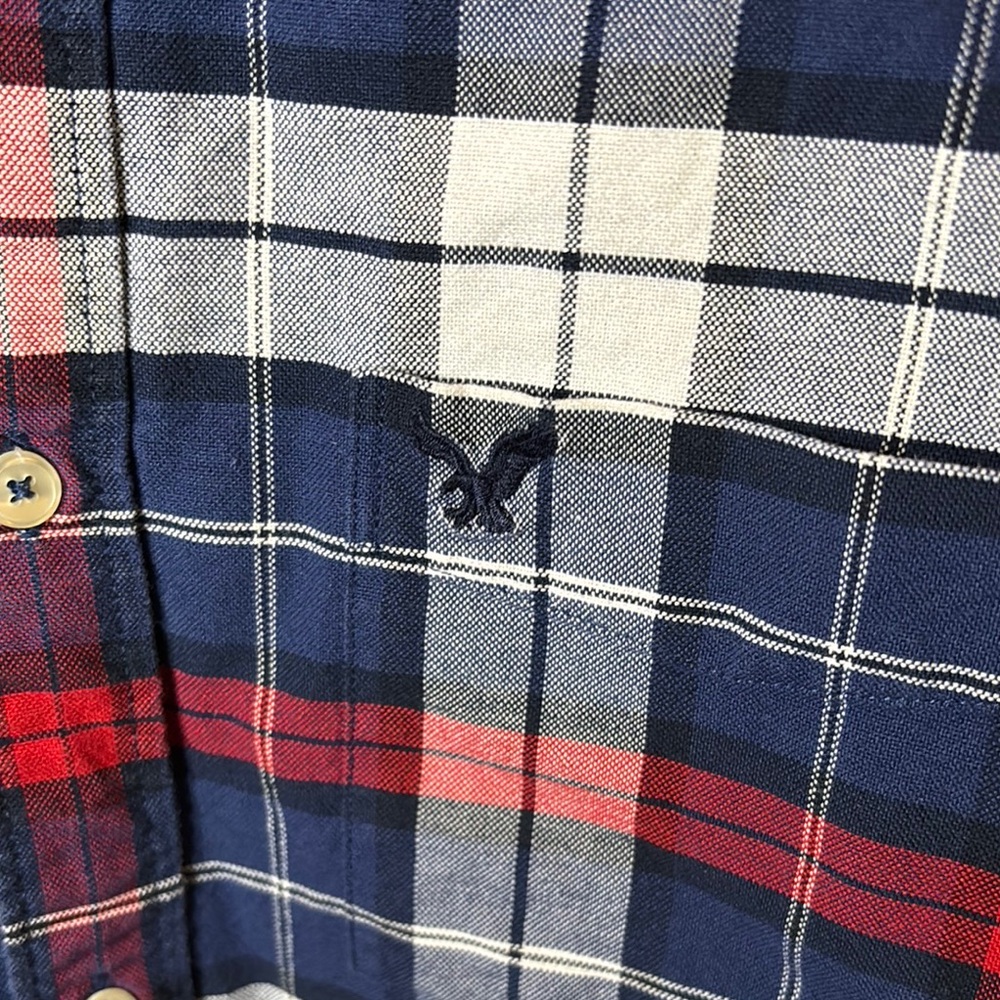 American Eagle Blue and Red Casual Button Down Shirt with Plaid Pattern - Picture 2 of 4